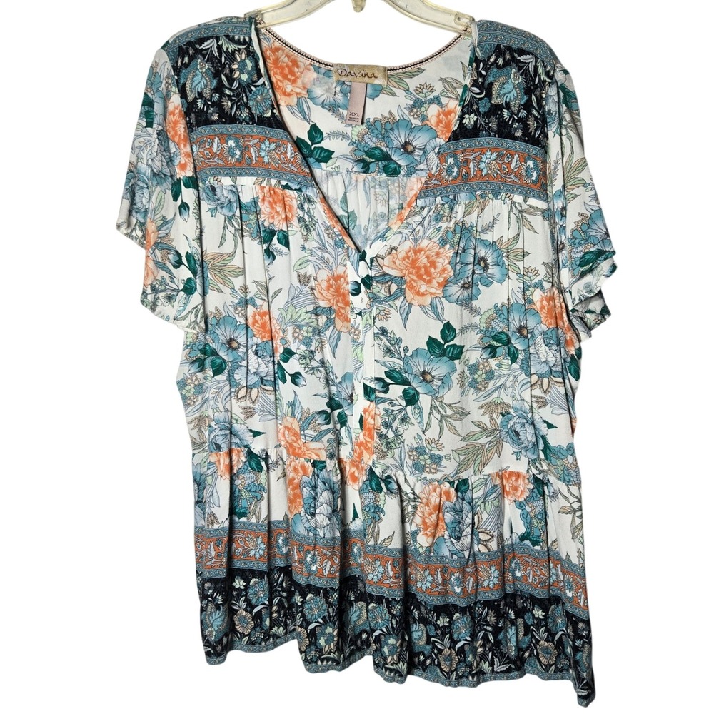 Davina Floral Print V-Neck Tiered Top XXL Boho Cottage Whimsical Summer Romantic